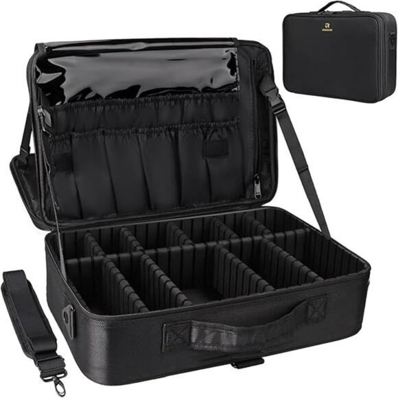 Large Makeup Train Case Travel Organizer Waterproof Cosmetic Bag With Strap - Picture 7 of 7